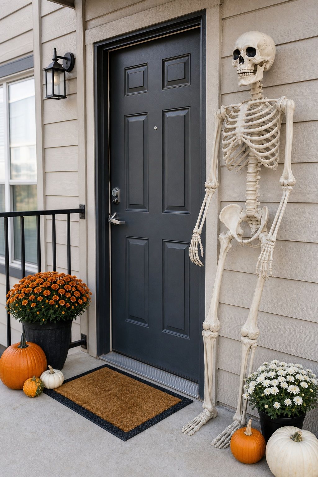 Guard the Door With a Towering Skeleton small apartment idea for Top 19 Front Porch Halloween Decor Ideas for Apartments and Small Outdoor Spaces.