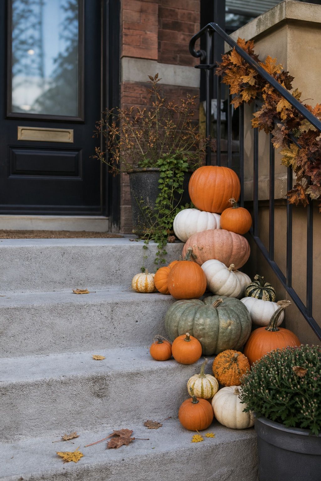 Stack and Cluster Pumpkins on the Steps small apartment idea for Top 19 Front Porch Halloween Decor Ideas for Apartments and Small Outdoor Spaces.