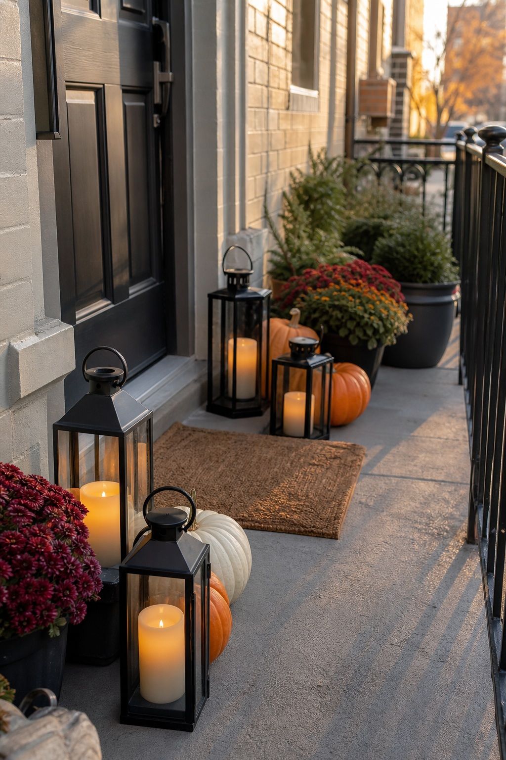 Light the Porch With Flameless Lanterns small apartment idea for Top 19 Front Porch Halloween Decor Ideas for Apartments and Small Outdoor Spaces.