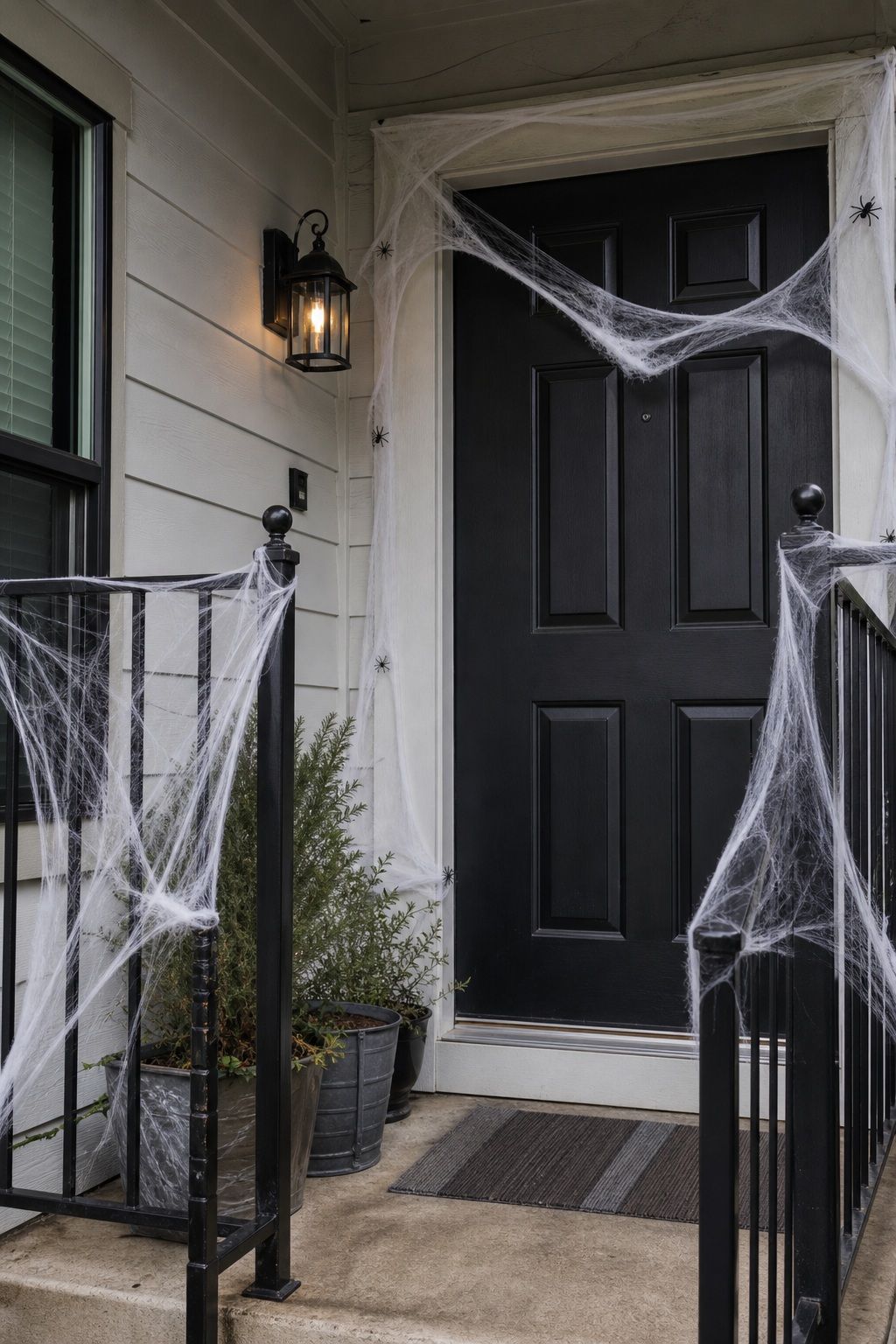 Drape Cobwebs Across Railings and the Door small apartment idea for Top 19 Front Porch Halloween Decor Ideas for Apartments and Small Outdoor Spaces.