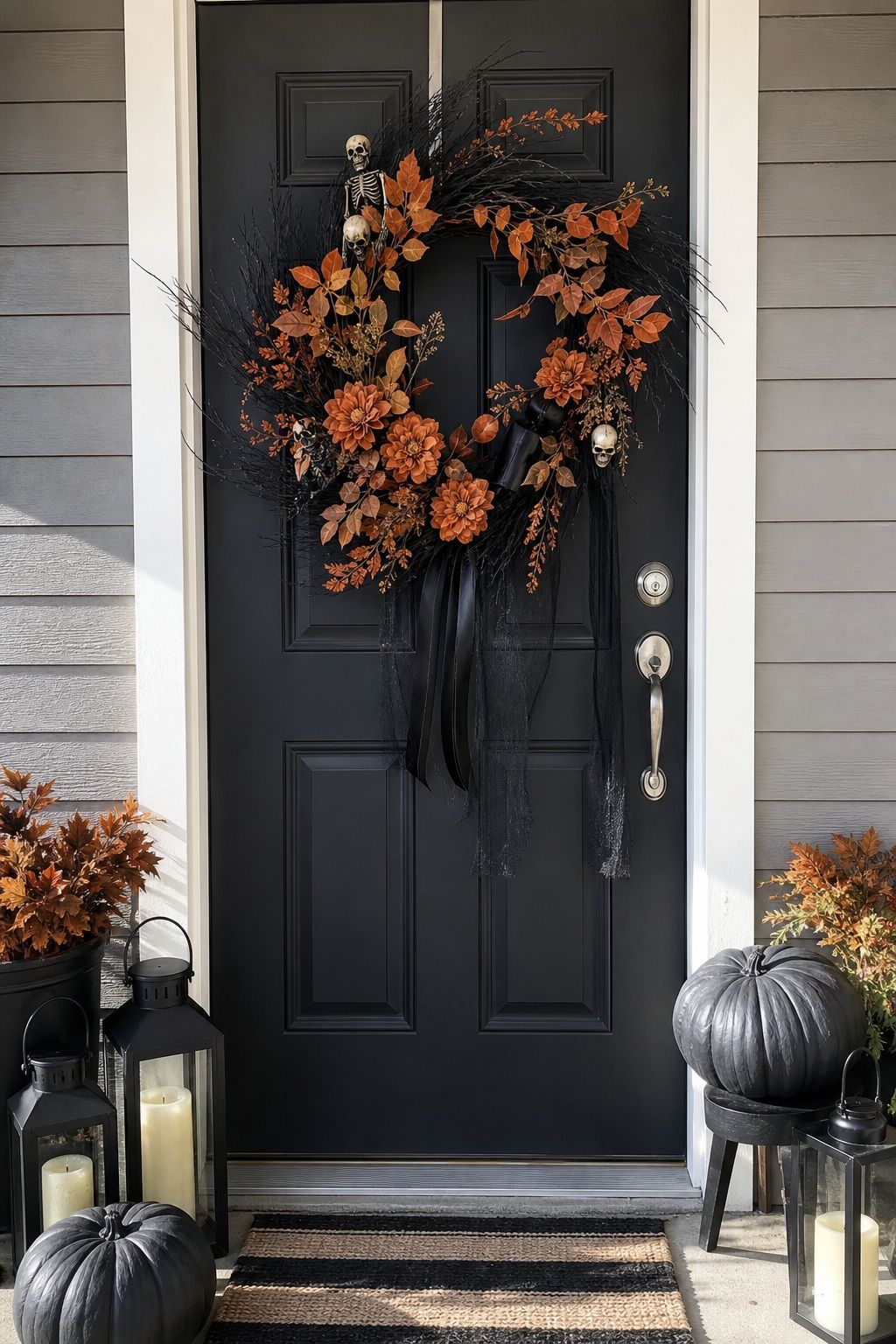 Hang a Statement Wreath on the Front Door small apartment idea for Top 19 Front Porch Halloween Decor Ideas for Apartments and Small Outdoor Spaces.