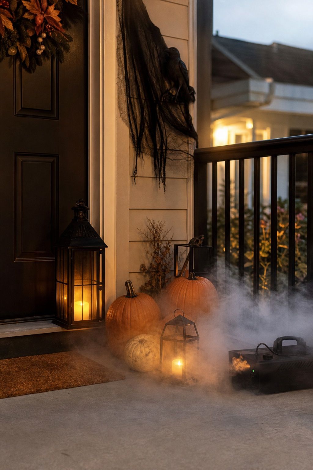 Add a Fog Machine for Atmosphere small apartment idea for Top 19 Front Porch Halloween Decor Ideas for Apartments and Small Outdoor Spaces.