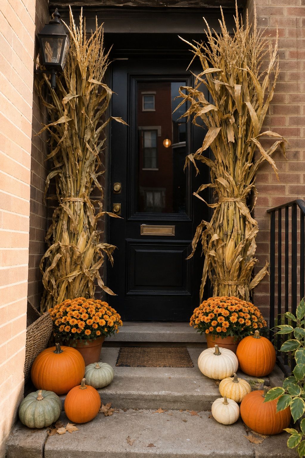 Frame the Door With Cornstalks and Pumpkins small apartment idea for Top 19 Front Porch Halloween Decor Ideas for Apartments and Small Outdoor Spaces.