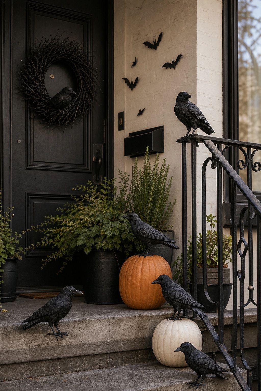 Add Sculptural Crows, Ravens, and Bats small apartment idea for Top 19 Front Porch Halloween Decor Ideas for Apartments and Small Outdoor Spaces.