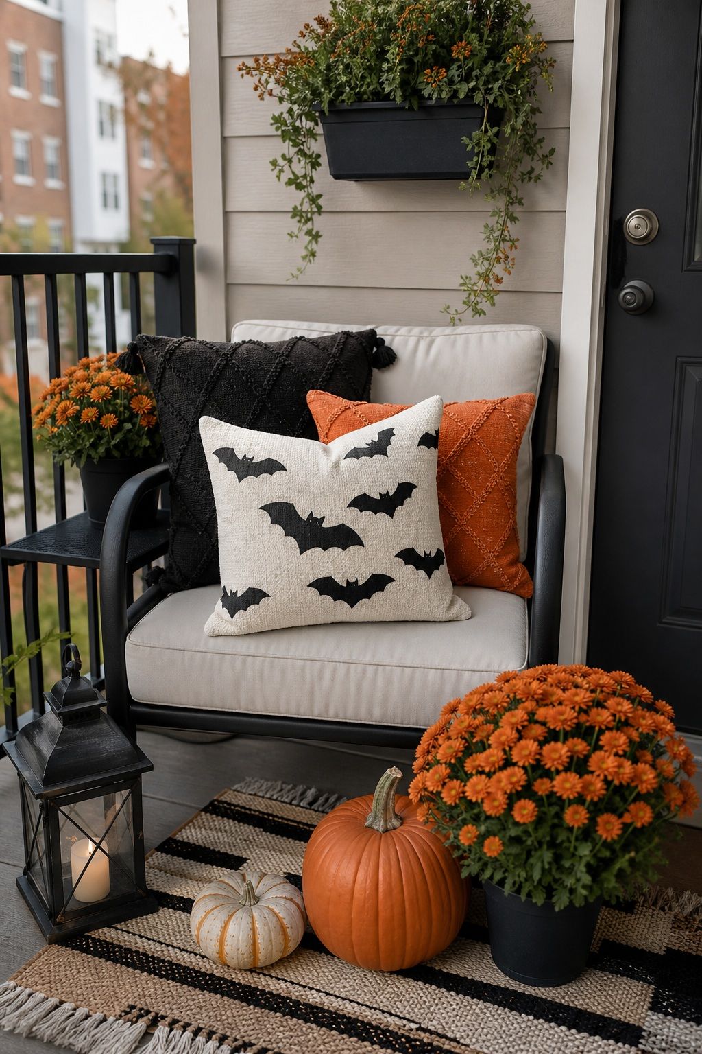 Add a Seating Vignette With Spooky Pillows small apartment idea for Top 19 Front Porch Halloween Decor Ideas for Apartments and Small Outdoor Spaces.