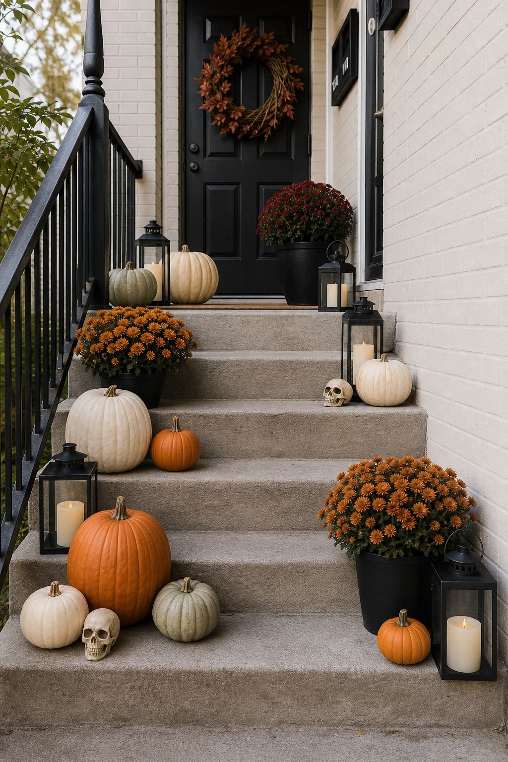 Decorate the Steps as a Layered Display small apartment idea for Top 19 Front Porch Halloween Decor Ideas for Apartments and Small Outdoor Spaces.