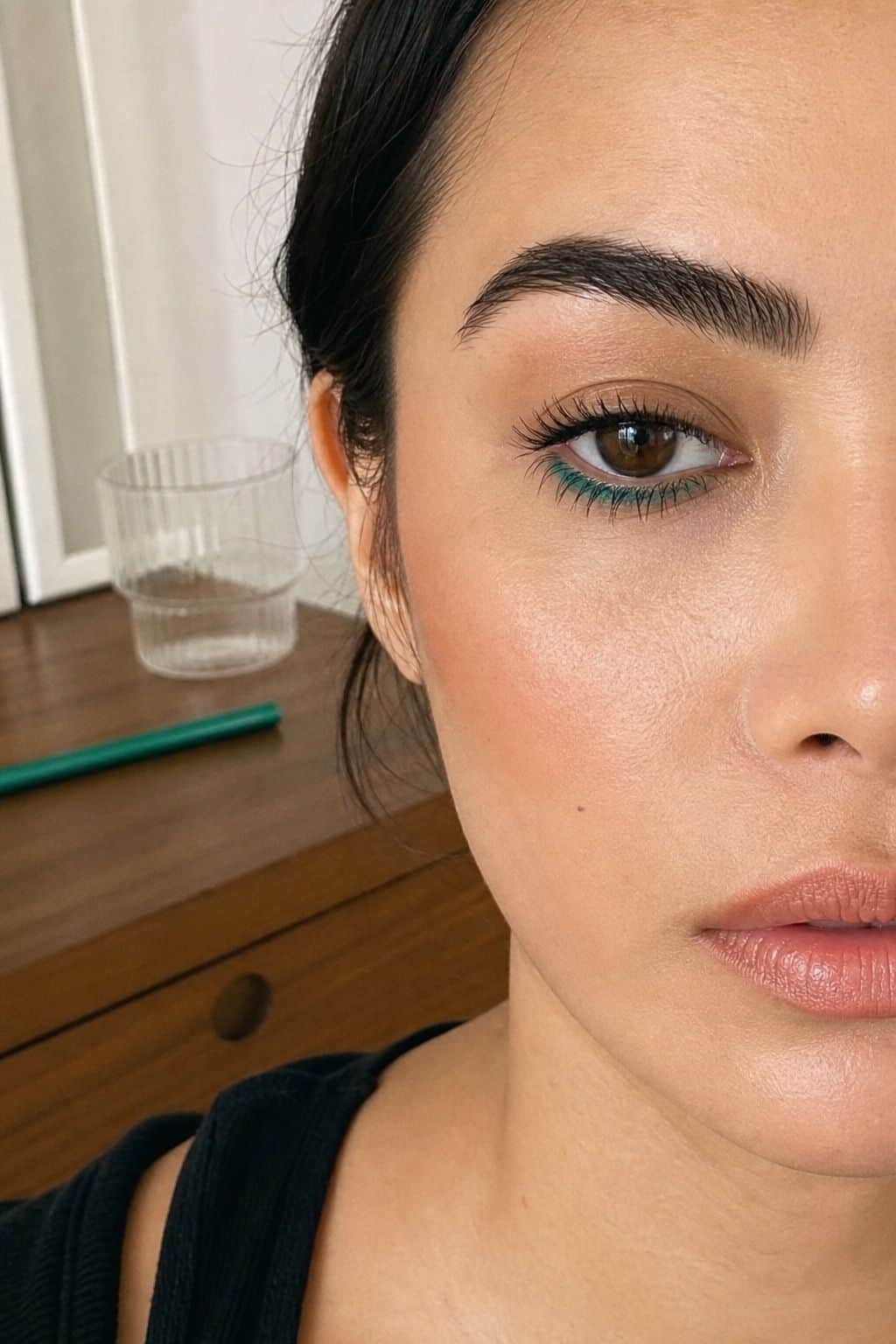 Blue green lower lash liner graduation eye makeup look