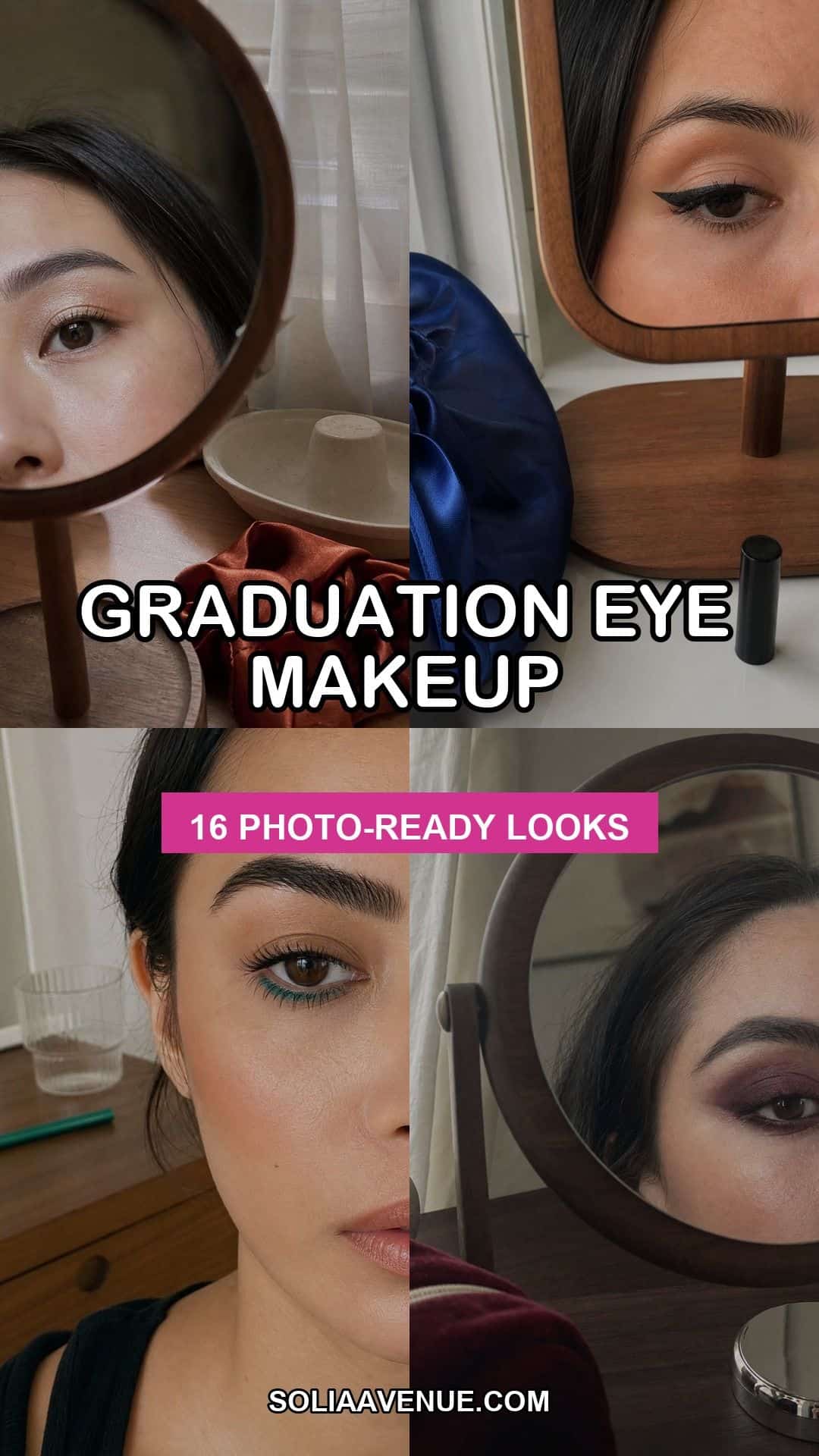 Graduation eye makeup collage with 16 photo ready looks for cap and gown photos