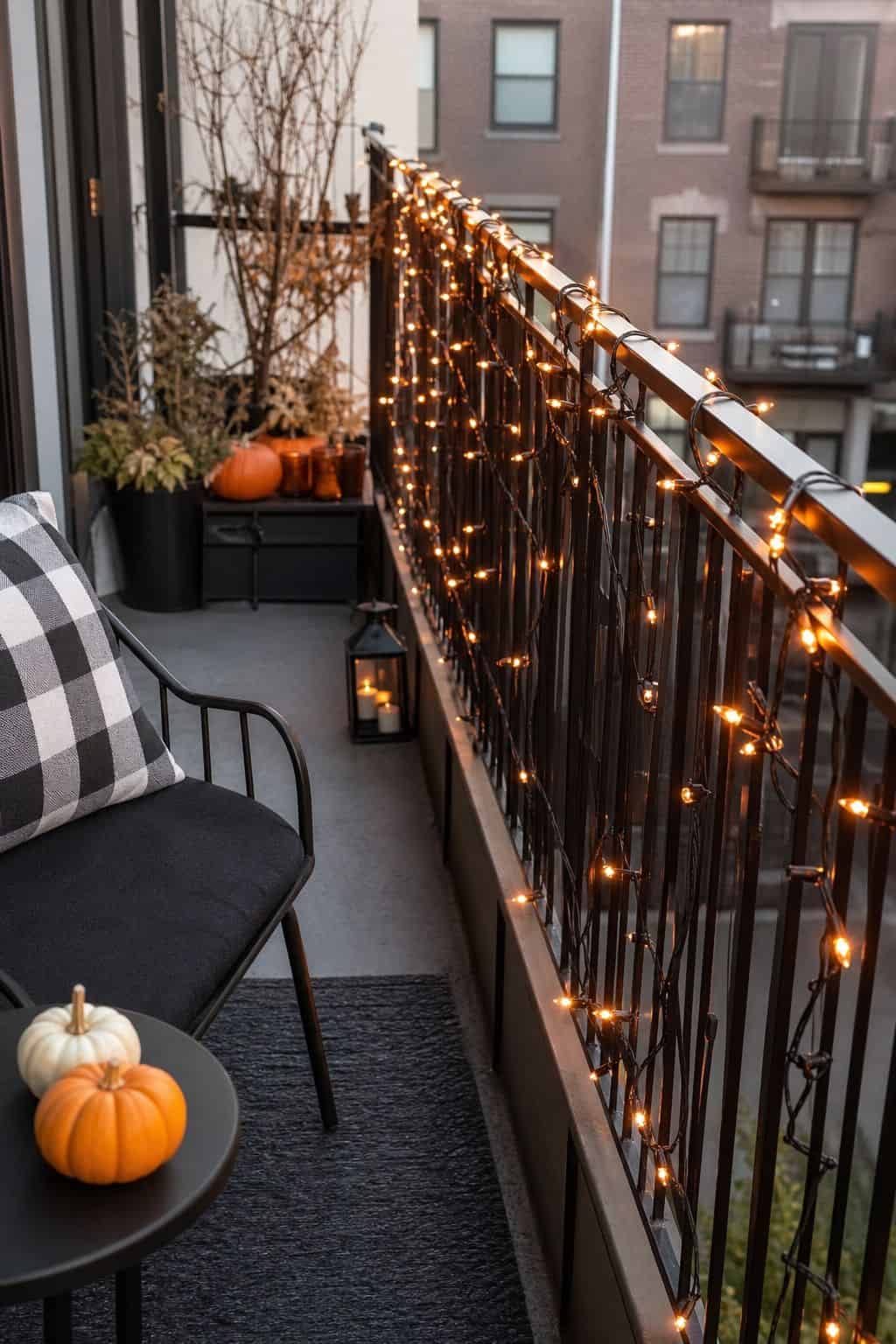Weave String Lights Through the Railings small apartment idea for Top 18 Halloween Balcony Decor Ideas for a Spooky Apartment Space.