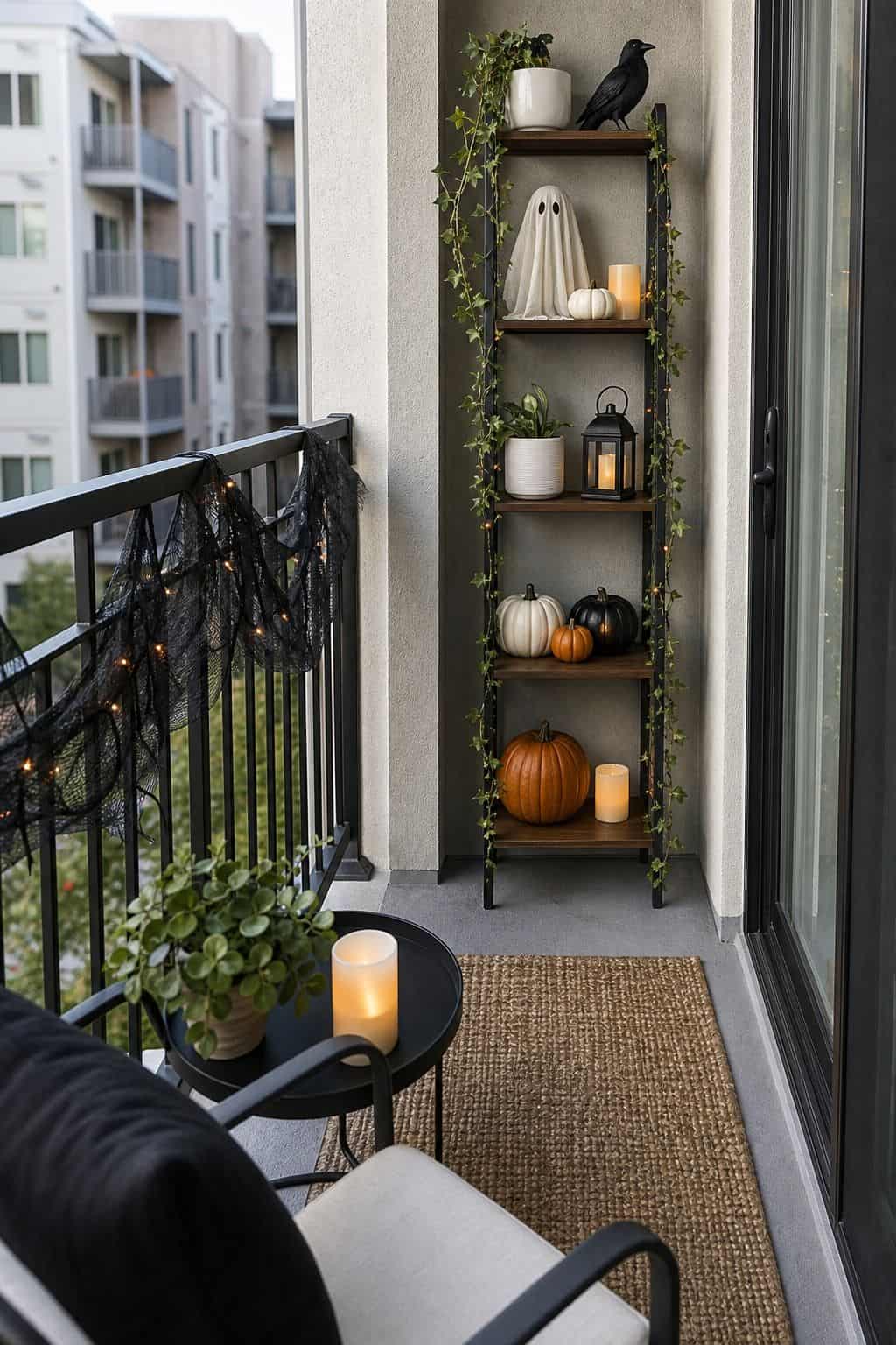 Go Vertical to Save Floor Space small apartment idea for Top 18 Halloween Balcony Decor Ideas for a Spooky Apartment Space.