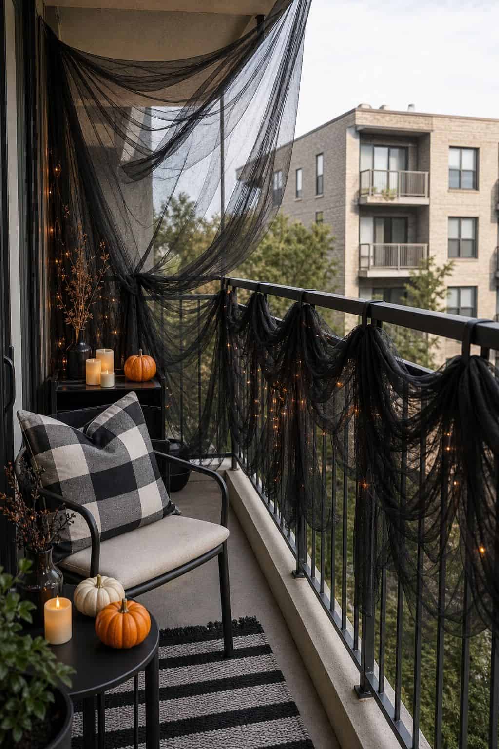 Drape Sheer Mesh and Fabric for Movement small apartment idea for Top 18 Halloween Balcony Decor Ideas for a Spooky Apartment Space.