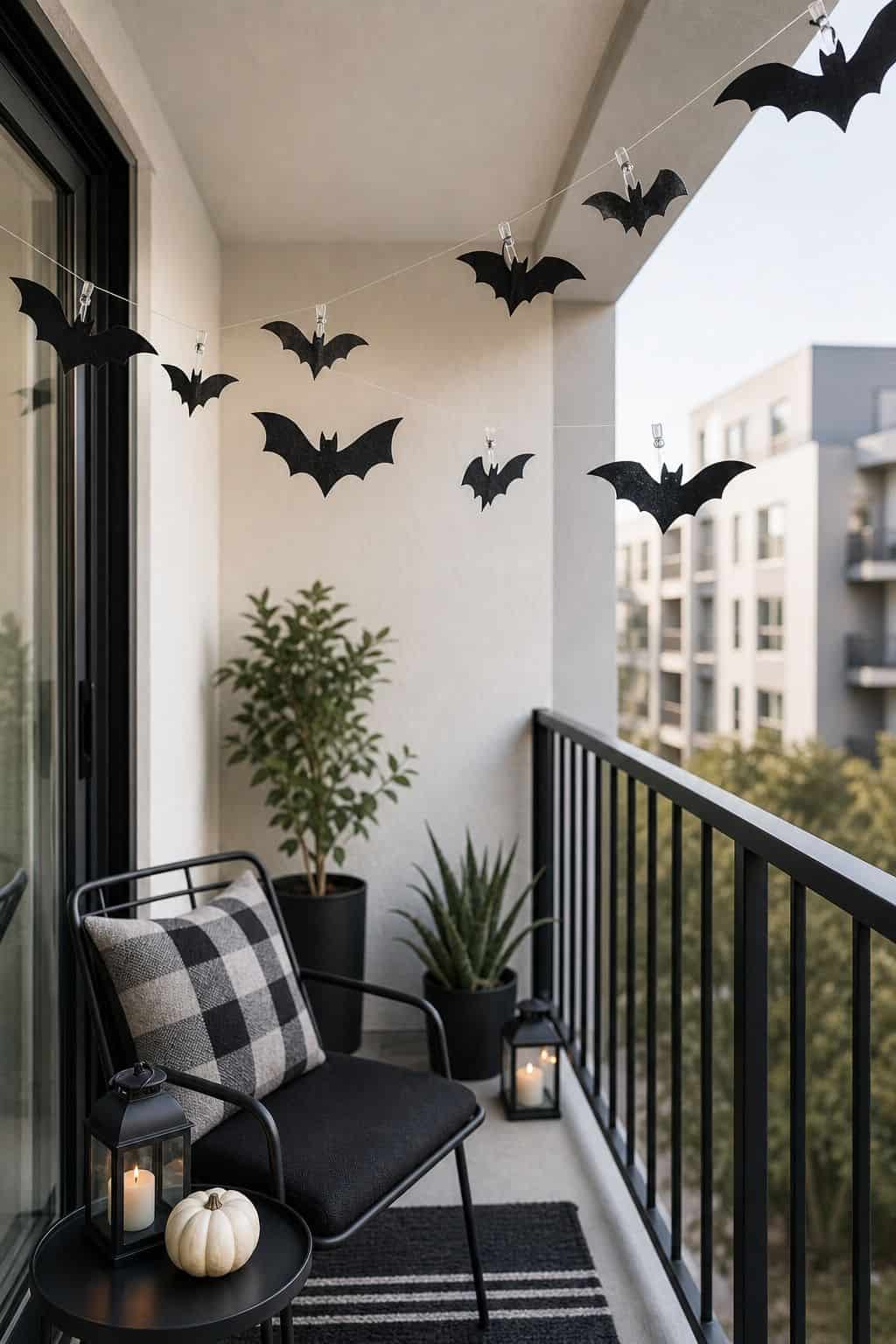 Hang Lightweight Felt or Paper Bats small apartment idea for Top 18 Halloween Balcony Decor Ideas for a Spooky Apartment Space.