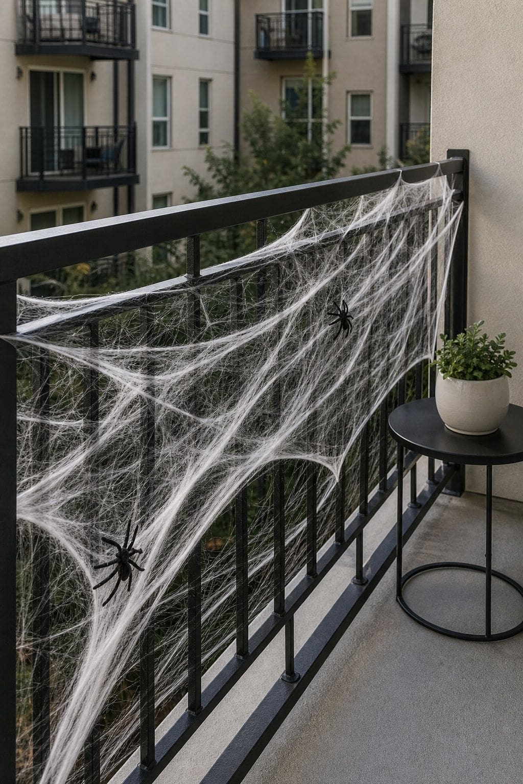 Stretch Spider Web Netting Across the Railing small apartment idea for Top 18 Halloween Balcony Decor Ideas for a Spooky Apartment Space.