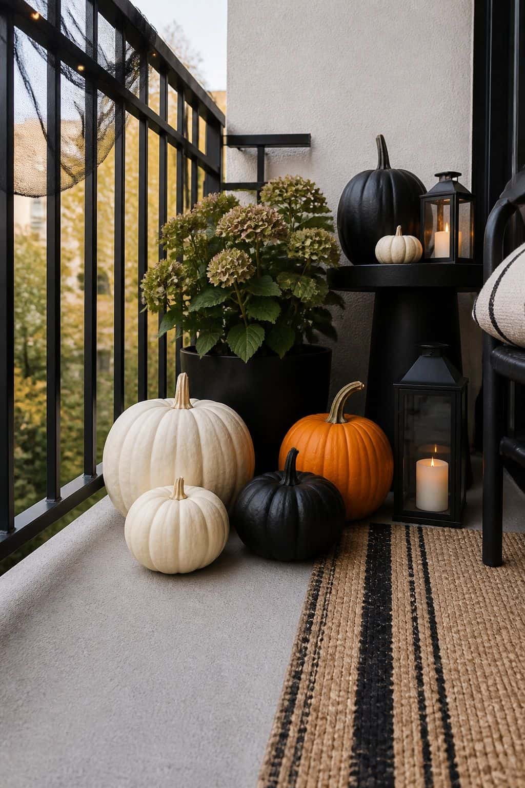 Cluster Pumpkins in a Tonal Group small apartment idea for Top 18 Halloween Balcony Decor Ideas for a Spooky Apartment Space.