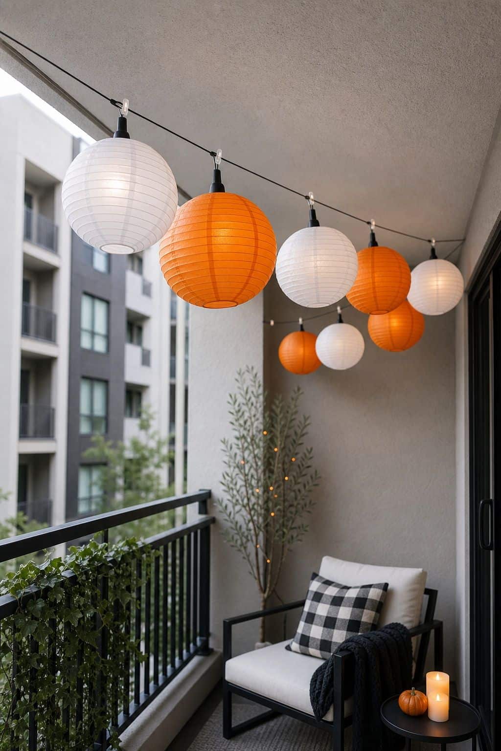 Add Floating Paper Lanterns Overhead small apartment idea for Top 18 Halloween Balcony Decor Ideas for a Spooky Apartment Space.