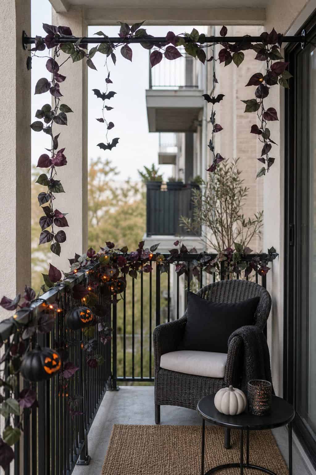 Wrap Tension Rods or Railings in Faux Vines small apartment idea for Top 18 Halloween Balcony Decor Ideas for a Spooky Apartment Space.
