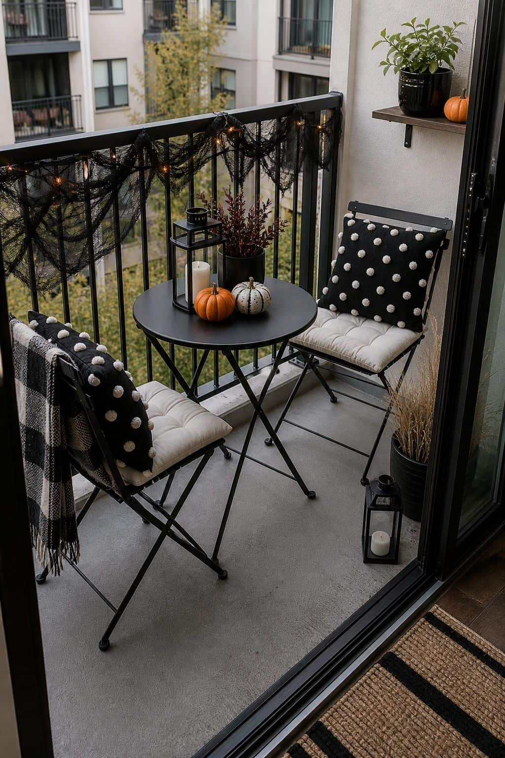 Dress a Small Bistro Set or Chairs small apartment idea for Top 18 Halloween Balcony Decor Ideas for a Spooky Apartment Space.