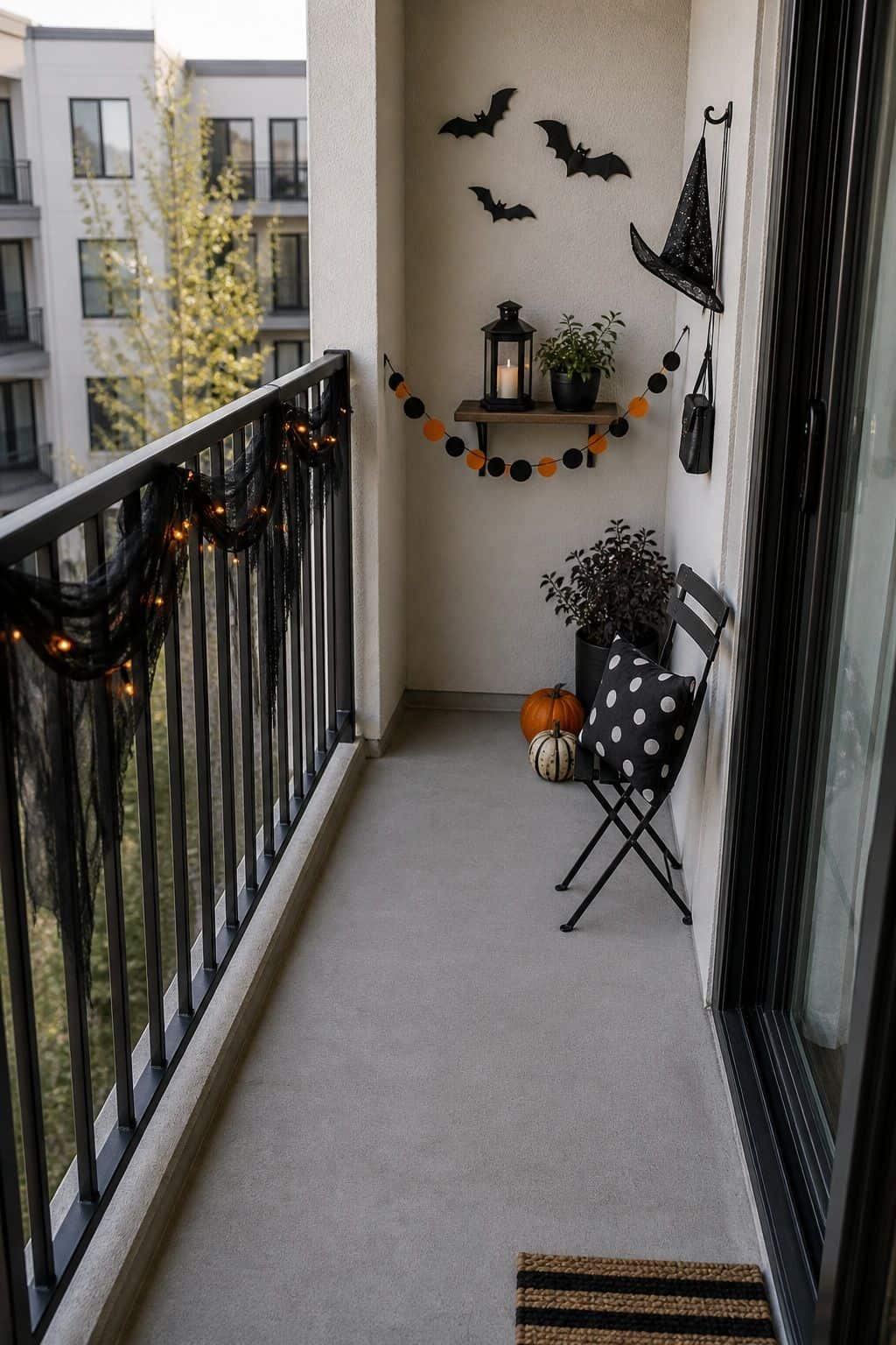Keep the Floor Mostly Clear small apartment idea for Top 18 Halloween Balcony Decor Ideas for a Spooky Apartment Space.
