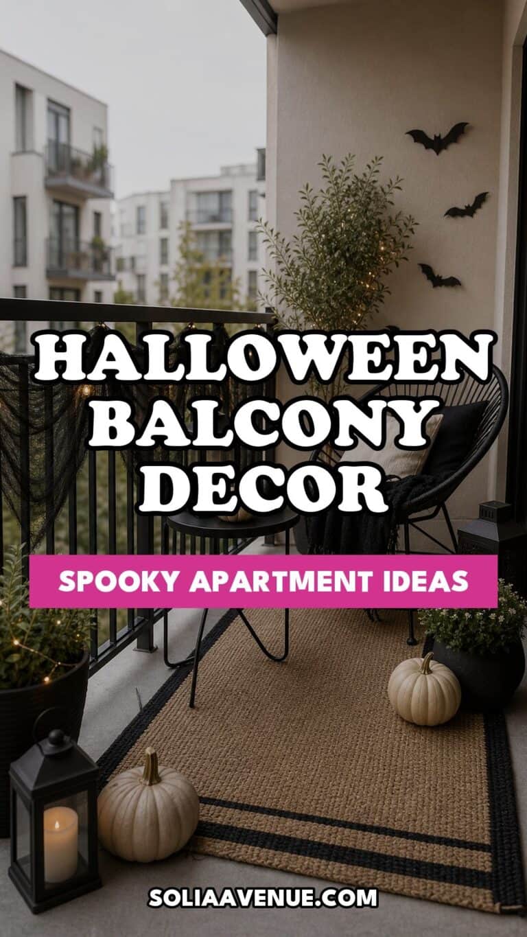 Pinterest pin for Top 18 Halloween Balcony Decor Ideas for a Spooky Apartment Space from Solia Avenue.