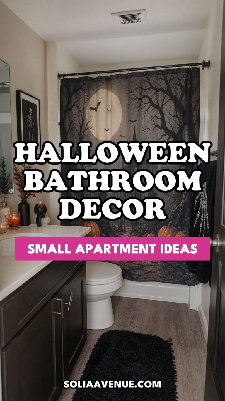 Pinterest pin for Top 17 Halloween Bathroom Decor Ideas for Small Apartments from Solia Avenue.