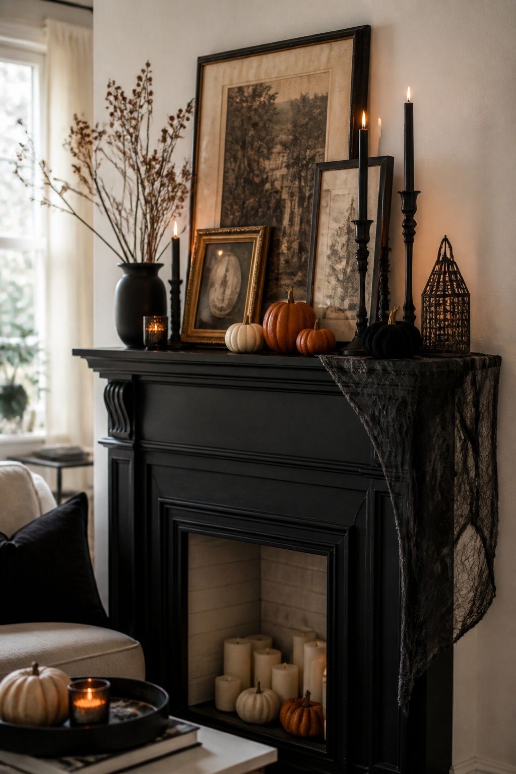 Give the Mantel a Moody, Layered Vignette small apartment idea for Top 20 Halloween Decor Ideas for Small Apartments.