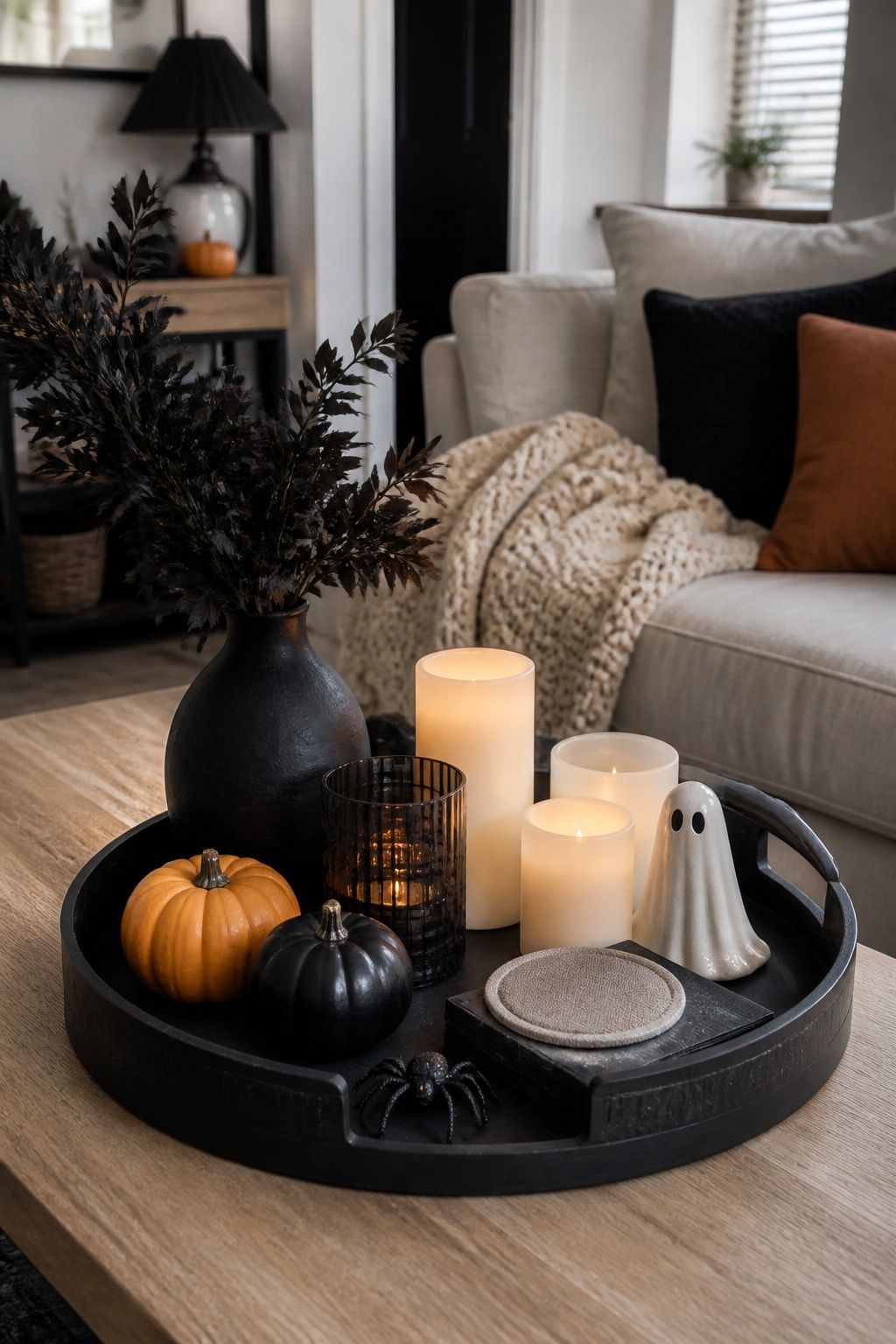 Style the Coffee Table With a Spooky-Chic Tray small apartment idea for Top 20 Halloween Decor Ideas for Small Apartments.