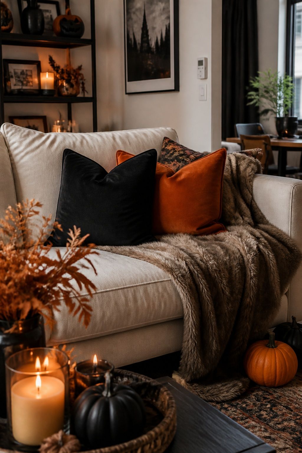 Drape the Sofa in Velvet and Faux Fur small apartment idea for Top 20 Halloween Decor Ideas for Small Apartments.