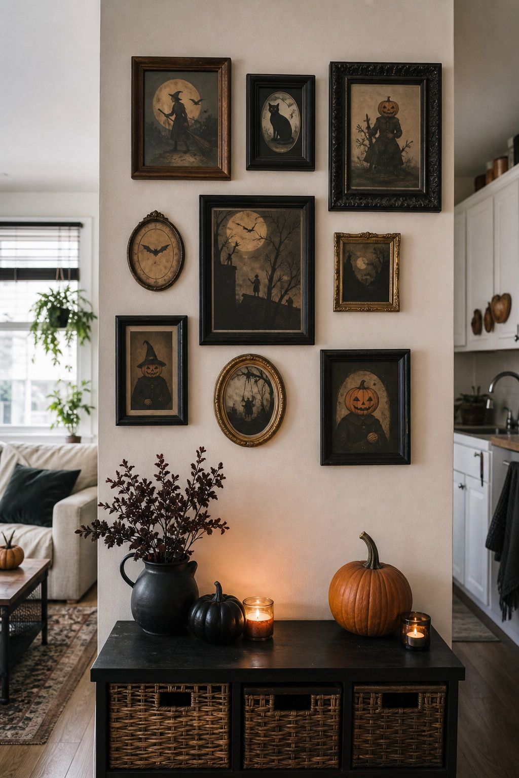 Hang Framed Vintage Halloween Illustrations small apartment idea for Top 20 Halloween Decor Ideas for Small Apartments.