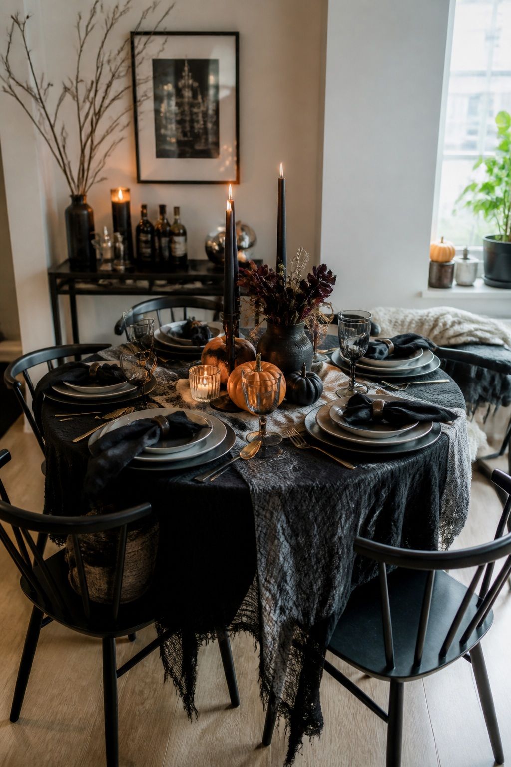 Set a Haunted-Glamour Dining Table small apartment idea for Top 20 Halloween Decor Ideas for Small Apartments.