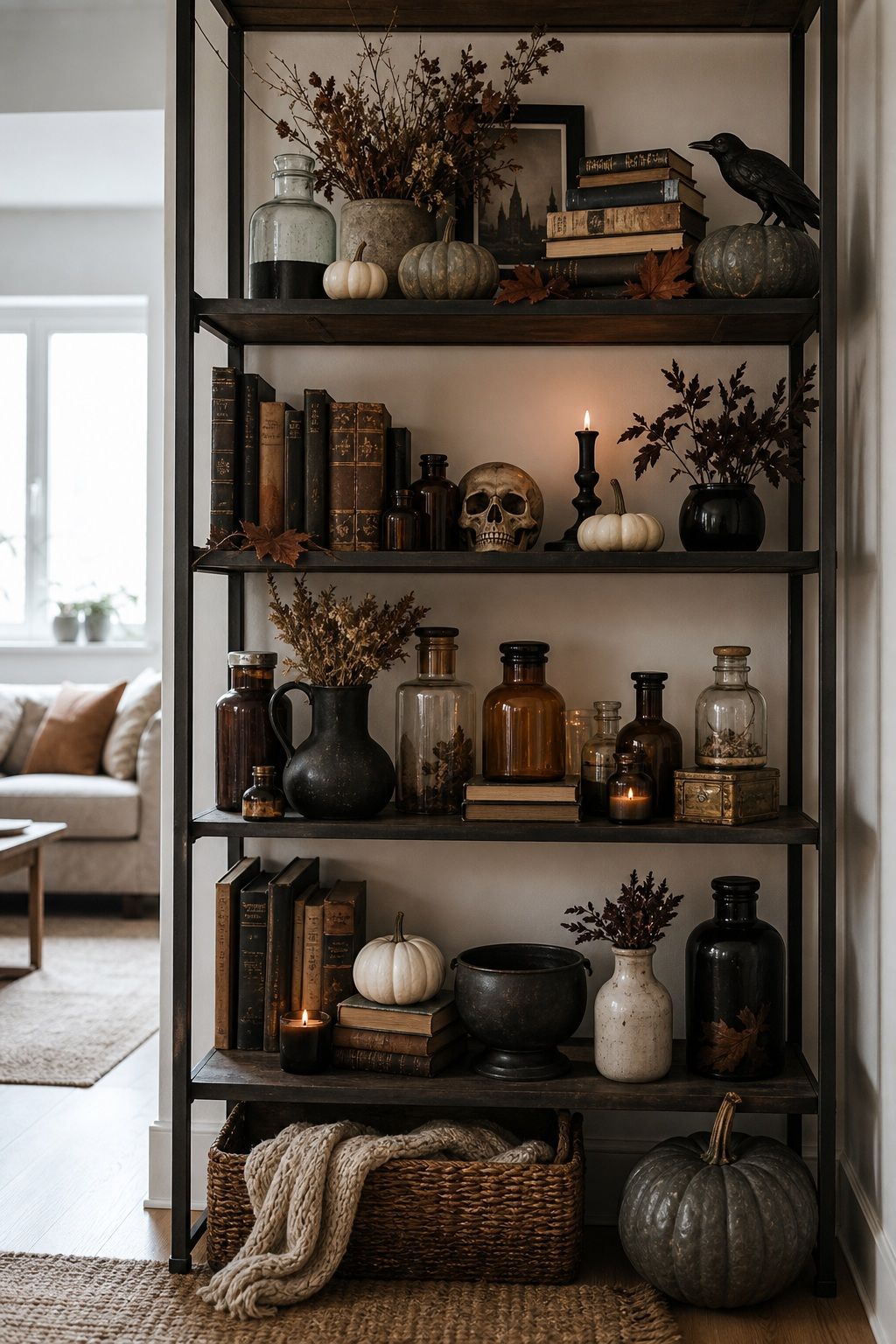 Fill the Bookshelf With Apothecary-Style Details small apartment idea for Top 20 Halloween Decor Ideas for Small Apartments.