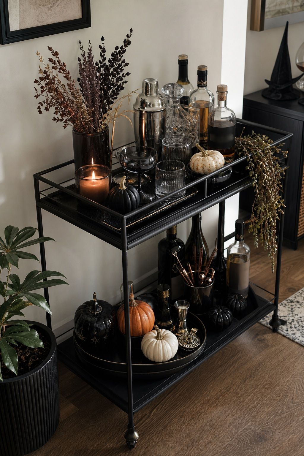 Create a Witchy Bar Cart or Drink Station small apartment idea for Top 20 Halloween Decor Ideas for Small Apartments.