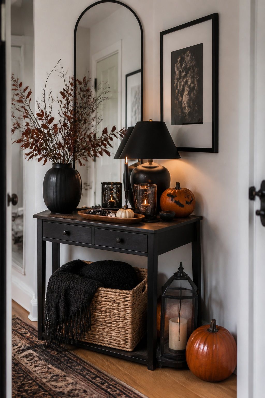 Style the Entryway Console for a Dramatic Welcome small apartment idea for Top 20 Halloween Decor Ideas for Small Apartments.