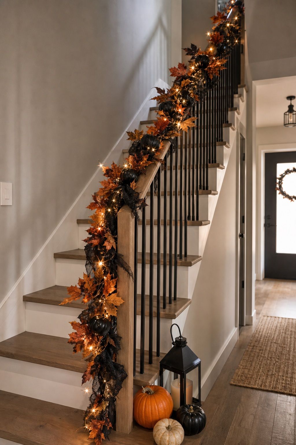 Decorate the Staircase With a Trailing Garland small apartment idea for Top 20 Halloween Decor Ideas for Small Apartments.