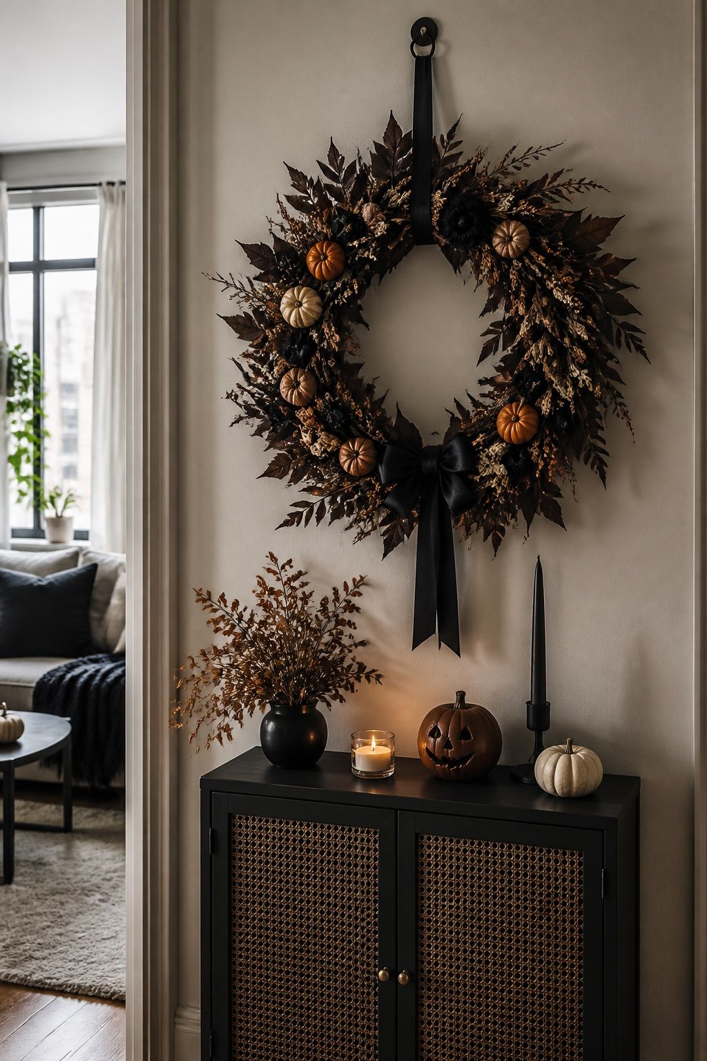 Hang a Statement Wreath Indoors, Not Just Outside small apartment idea for Top 20 Halloween Decor Ideas for Small Apartments.
