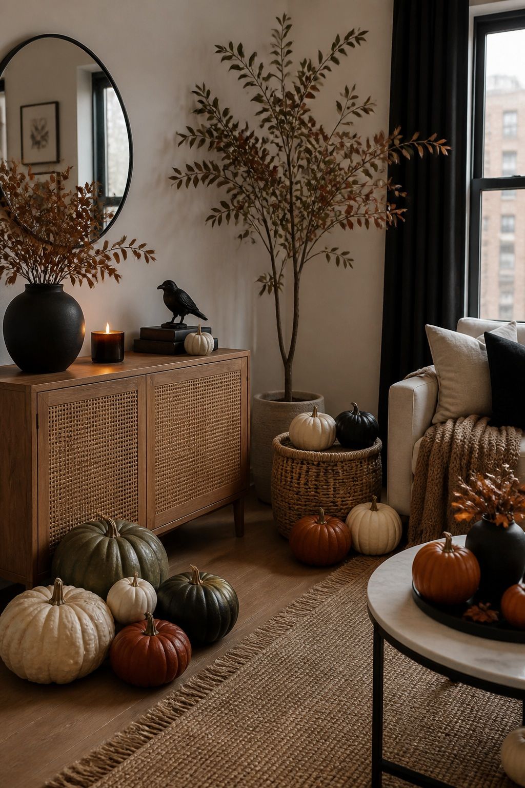 Group Pumpkins in Tonal Clusters Around the Room small apartment idea for Top 20 Halloween Decor Ideas for Small Apartments.