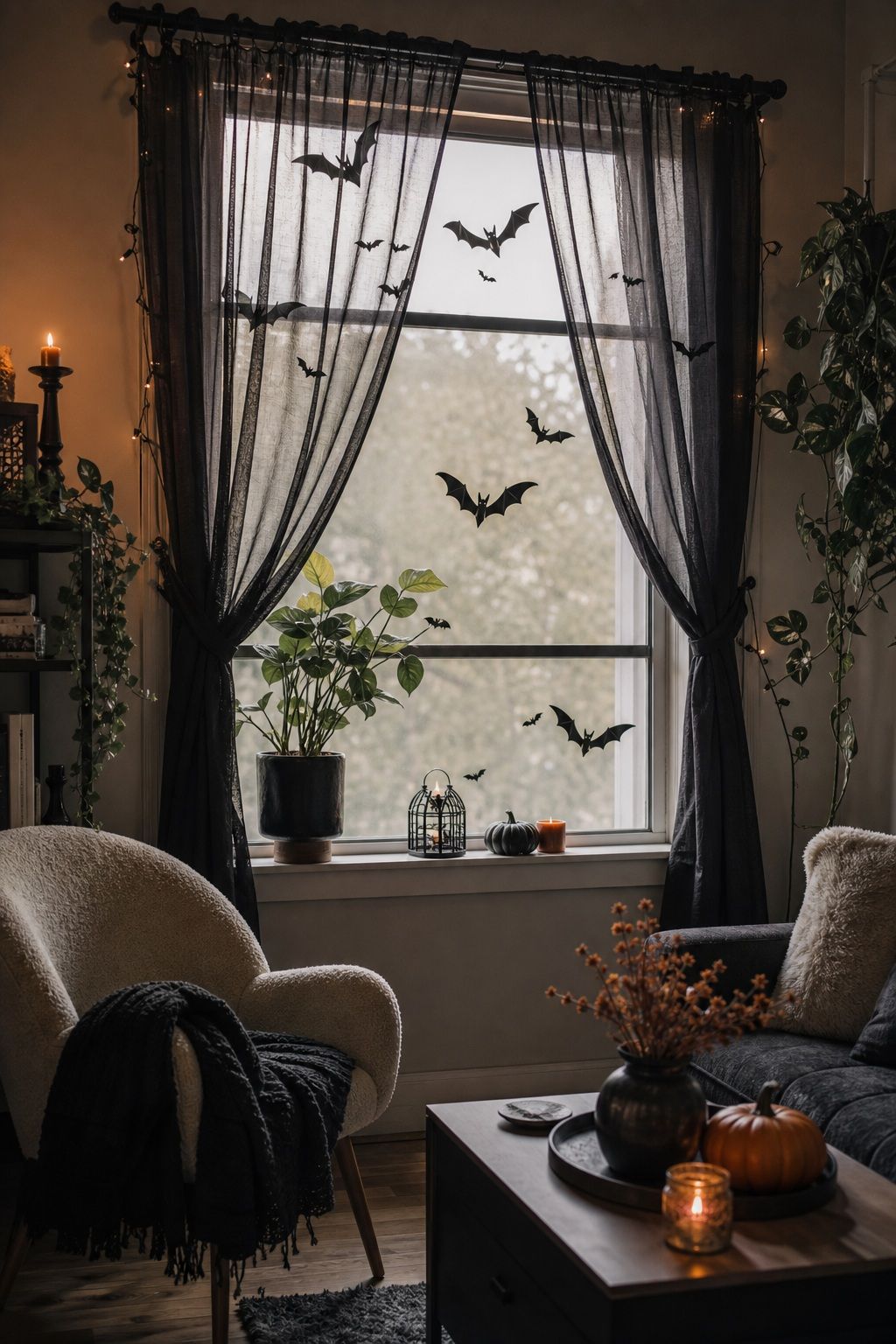 Dress the Windows With Silhouettes and Sheer Drama small apartment idea for Top 20 Halloween Decor Ideas for Small Apartments.