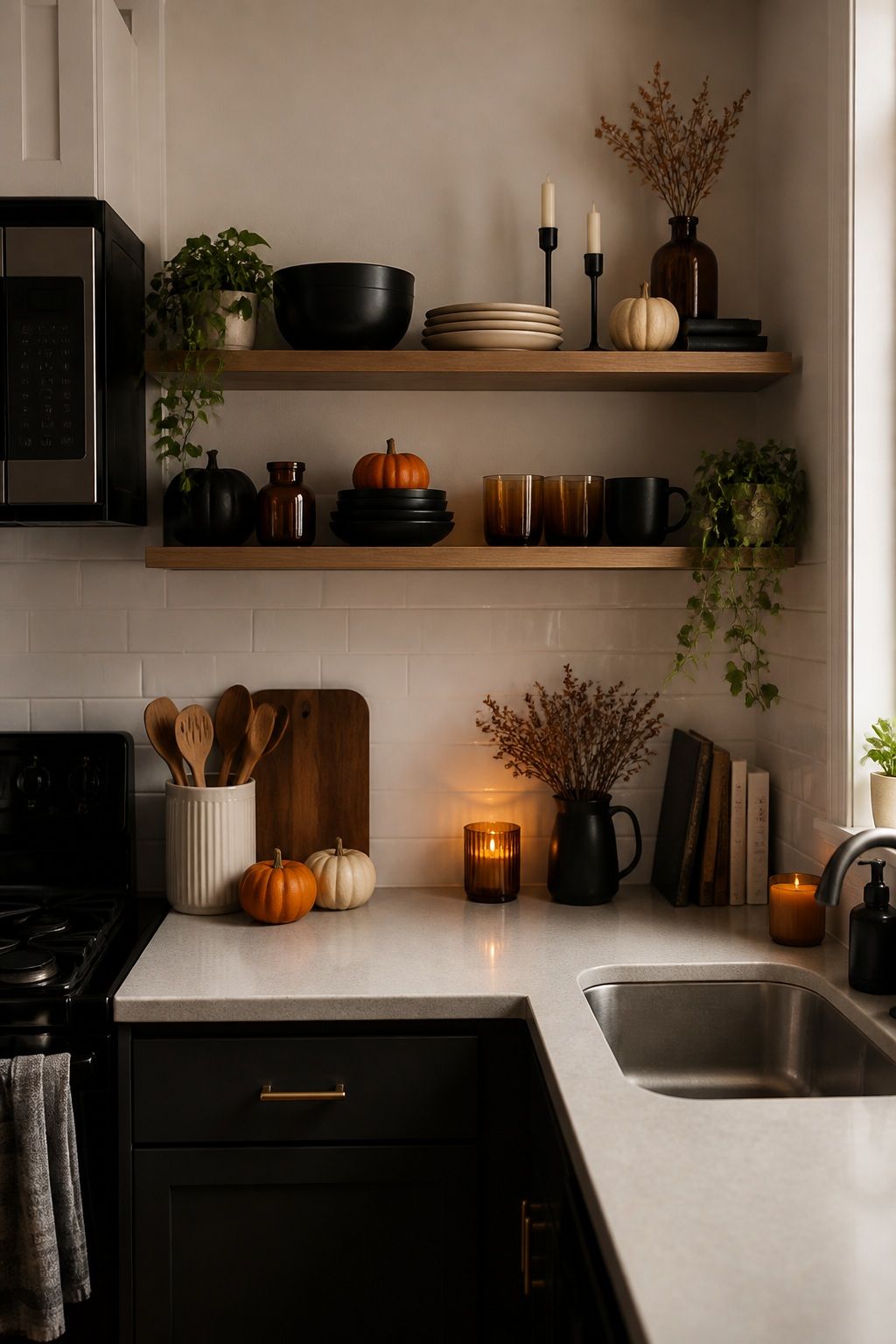 Style the Kitchen and Open Shelving Subtly small apartment idea for Top 20 Halloween Decor Ideas for Small Apartments.