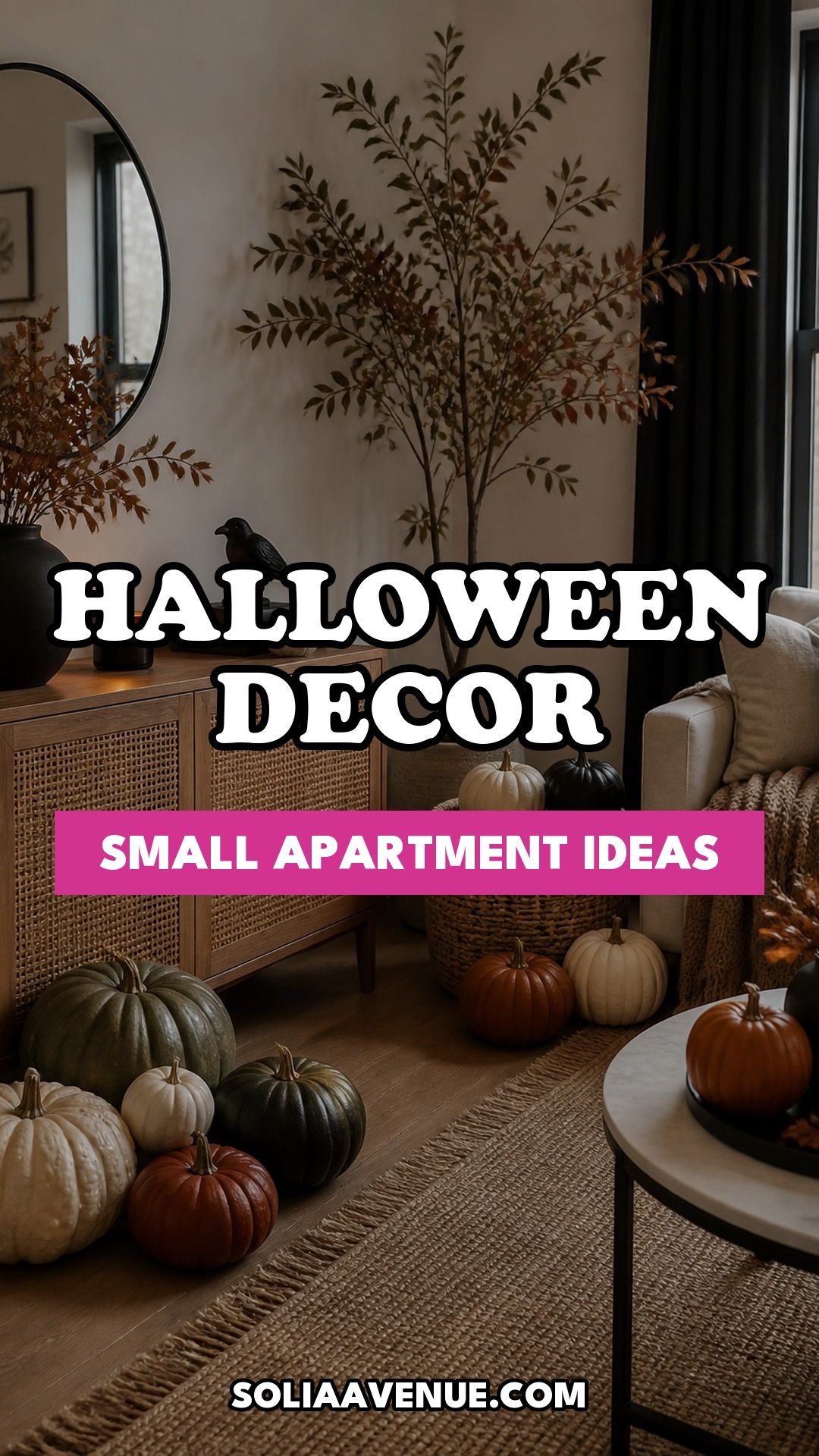 Pinterest pin for Top 20 Halloween Decor Ideas for Small Apartments from Solia Avenue.