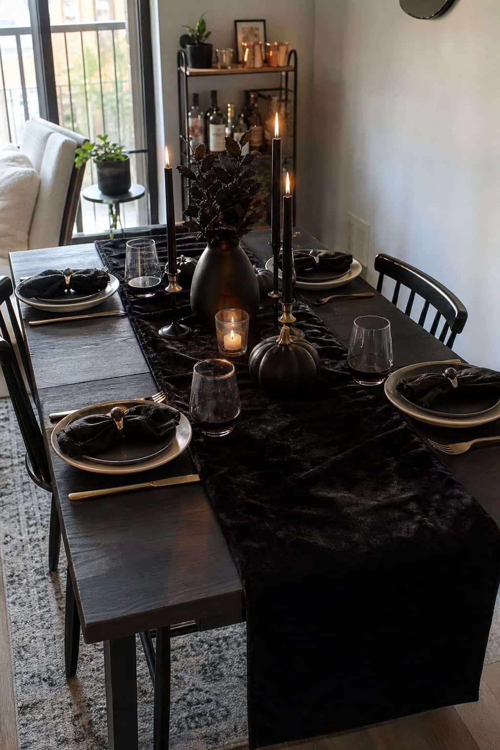 Use a Black Velvet or Deep Burgundy Runner small apartment idea for Top 18 Halloween Dining Table Decor Ideas for Small-Space Hosting.