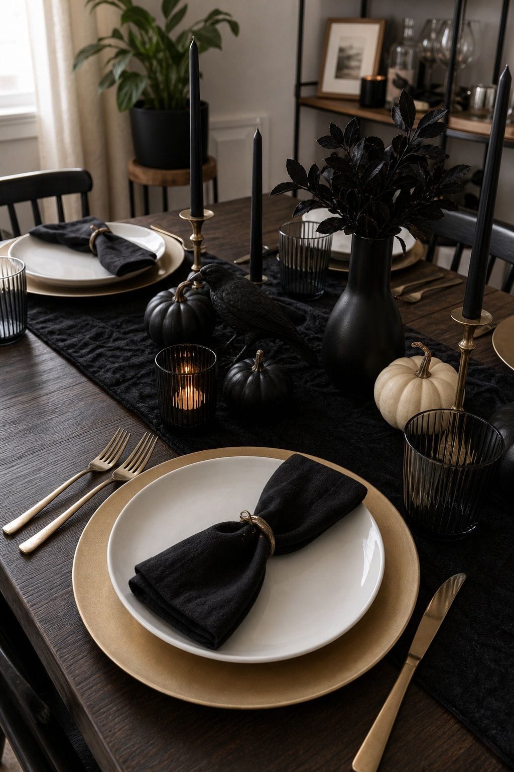 Layer Gold or Pewter Chargers Under Plain White Plates small apartment idea for Top 18 Halloween Dining Table Decor Ideas for Small-Space Hosting.