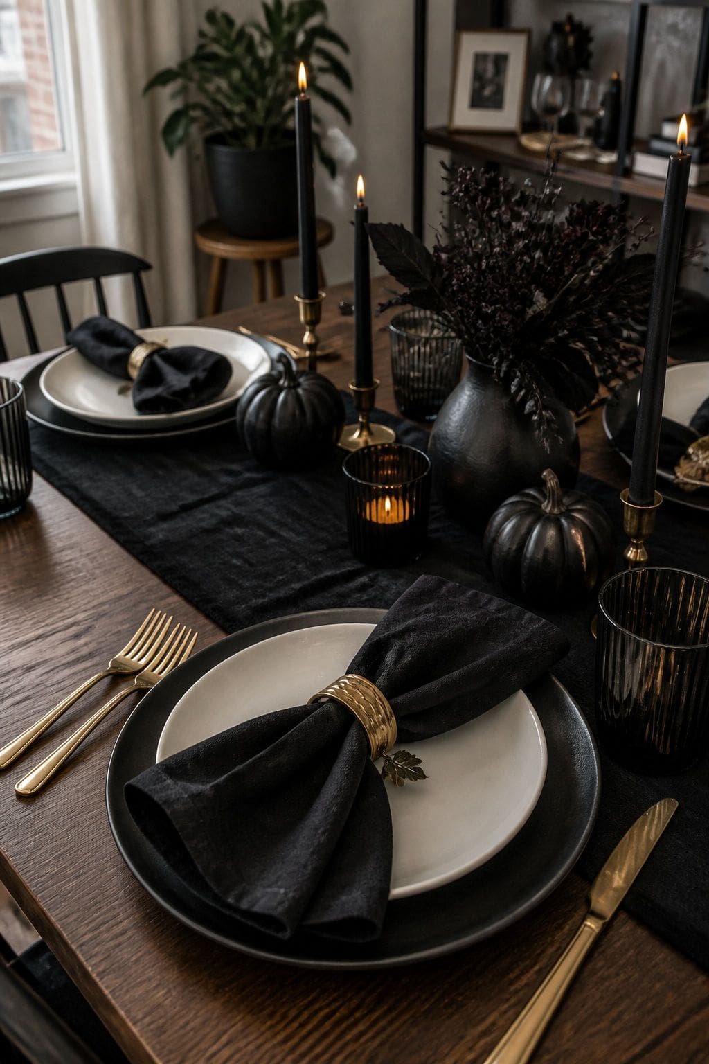 Choose Black Cloth Napkins With Gold Accents small apartment idea for Top 18 Halloween Dining Table Decor Ideas for Small-Space Hosting.
