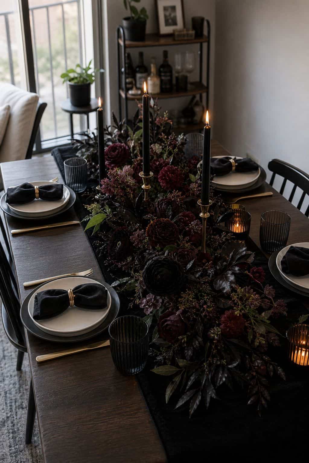 Run Dark Florals Down the Center small apartment idea for Top 18 Halloween Dining Table Decor Ideas for Small-Space Hosting.