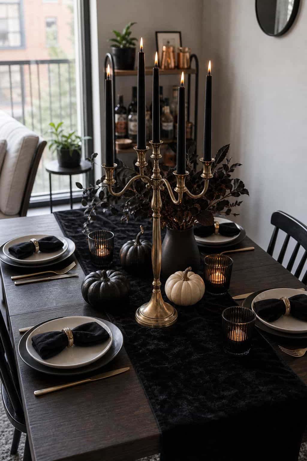 Add a Tall Candelabra With Black Tapers small apartment idea for Top 18 Halloween Dining Table Decor Ideas for Small-Space Hosting.