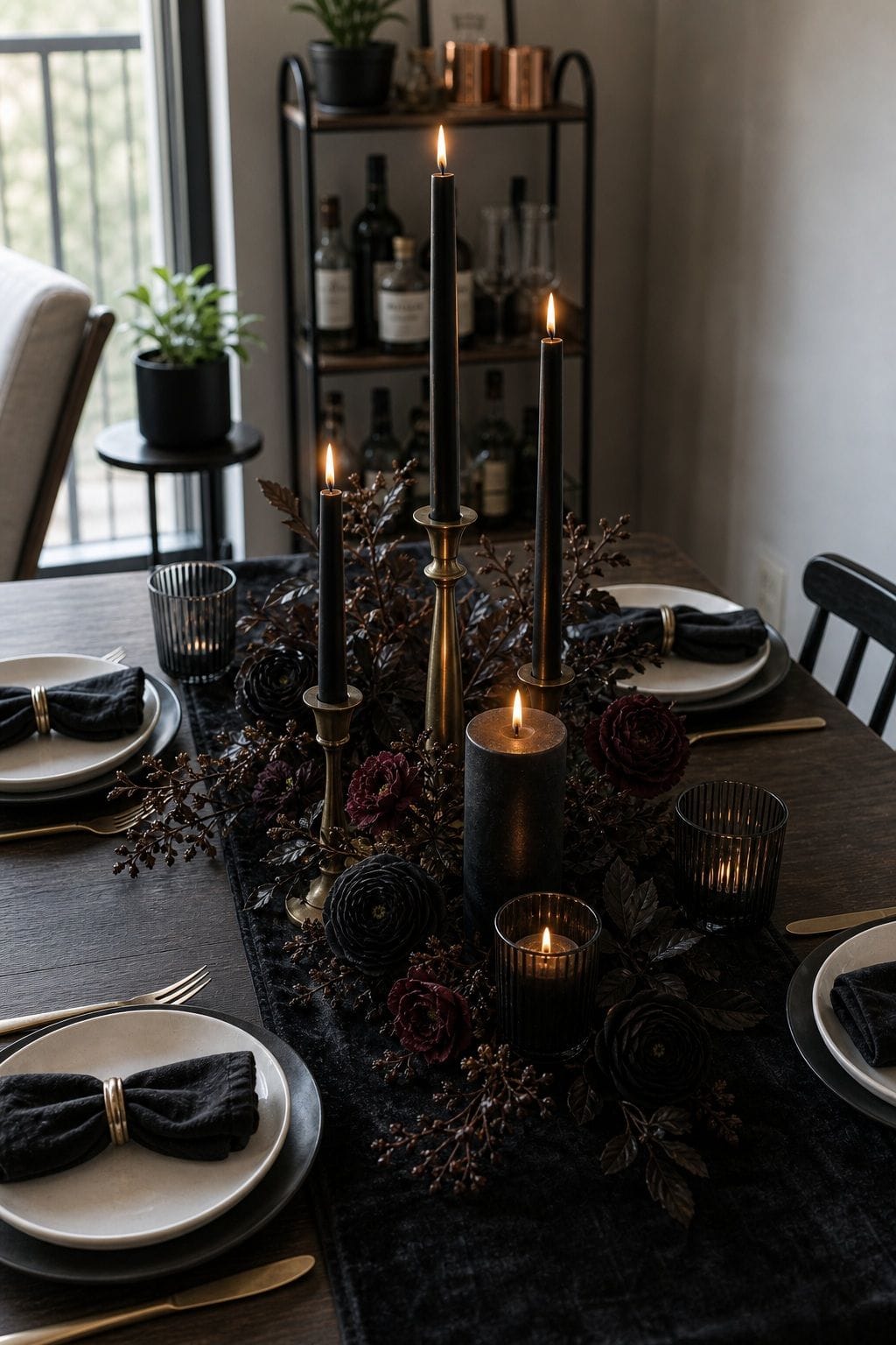 Use Three Heights of Black Candles small apartment idea for Top 18 Halloween Dining Table Decor Ideas for Small-Space Hosting.