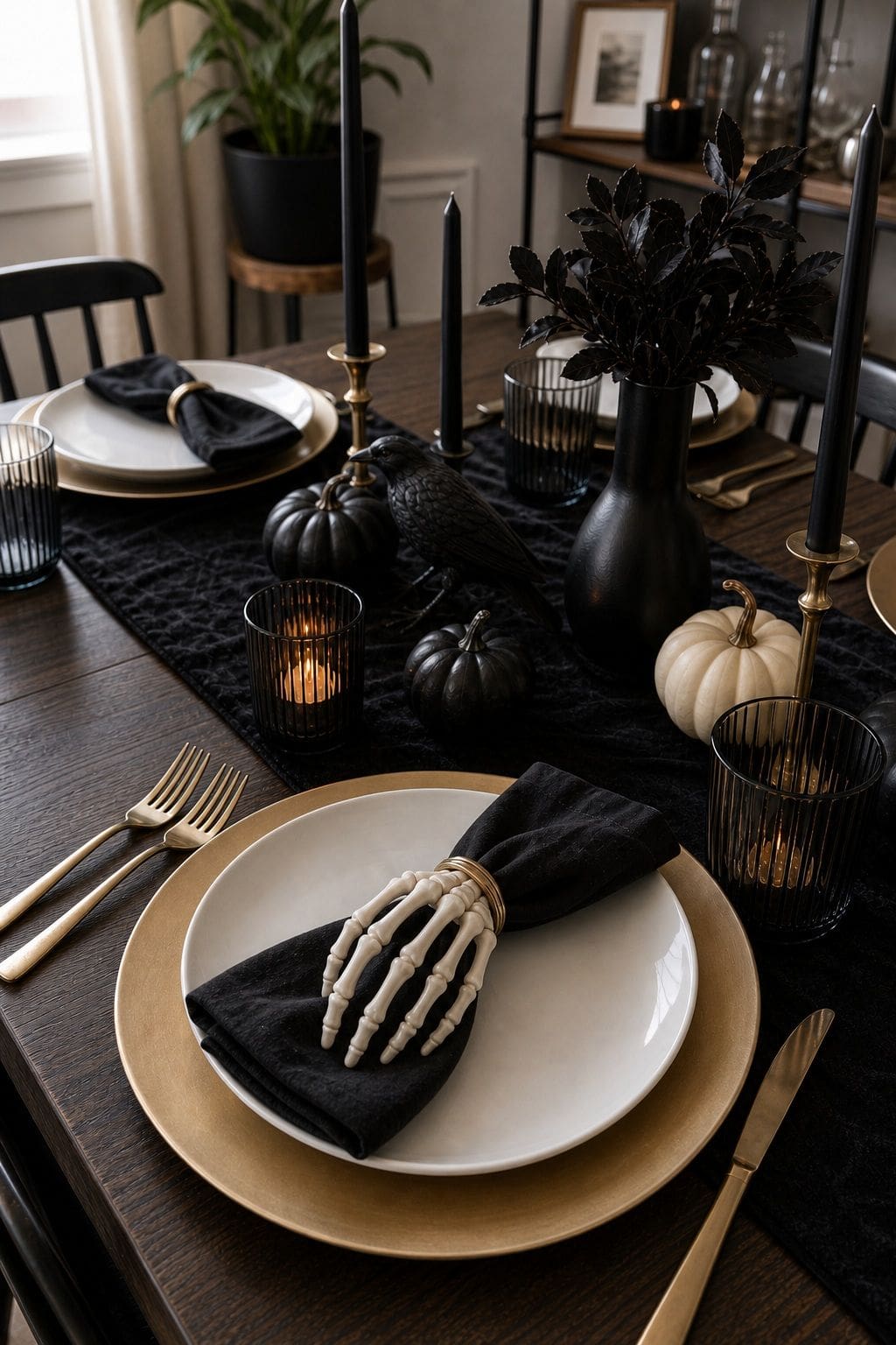 Add a Skeleton Hand Holding the Napkin small apartment idea for Top 18 Halloween Dining Table Decor Ideas for Small-Space Hosting.