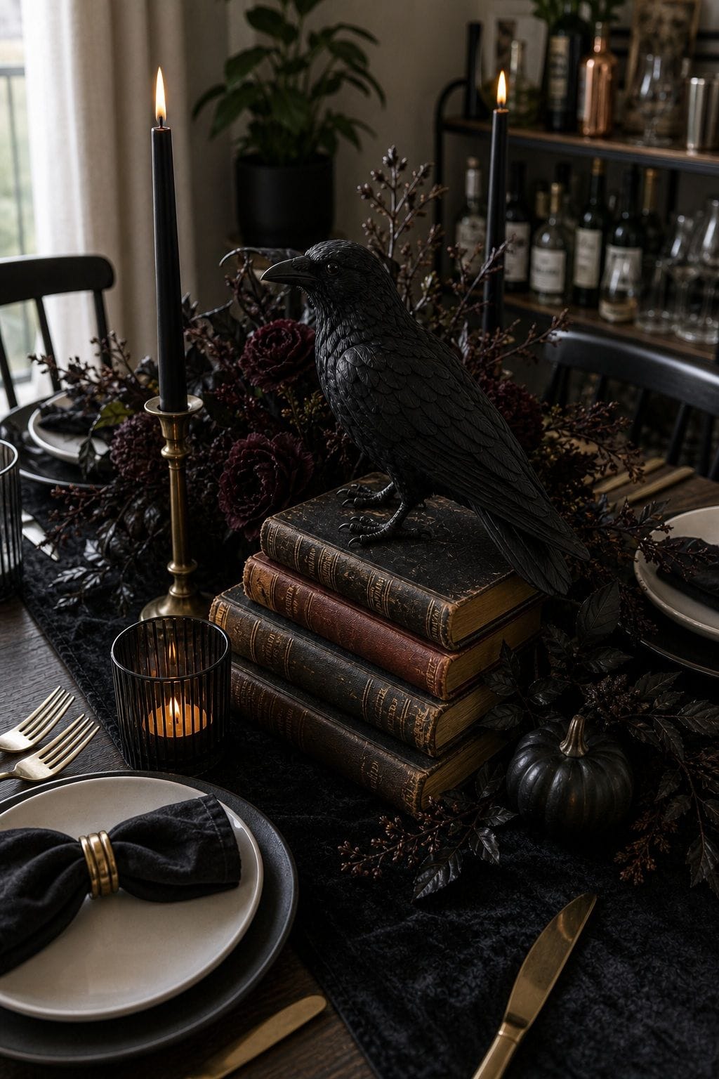 Set a Faux Raven on a Stack of Vintage Books small apartment idea for Top 18 Halloween Dining Table Decor Ideas for Small-Space Hosting.