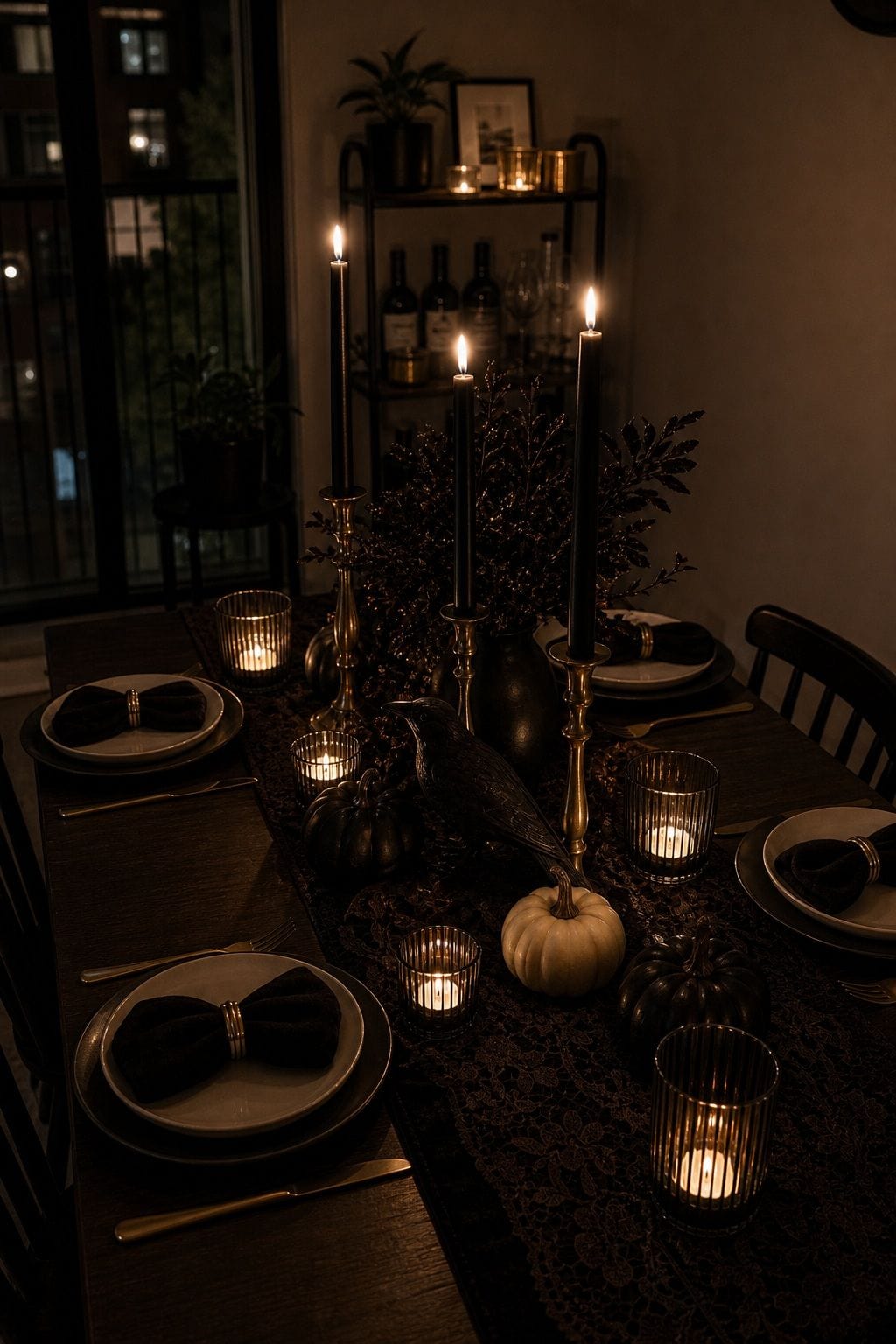Dim the Overhead Light Completely, Light Only With Candles small apartment idea for Top 18 Halloween Dining Table Decor Ideas for Small-Space Hosting.