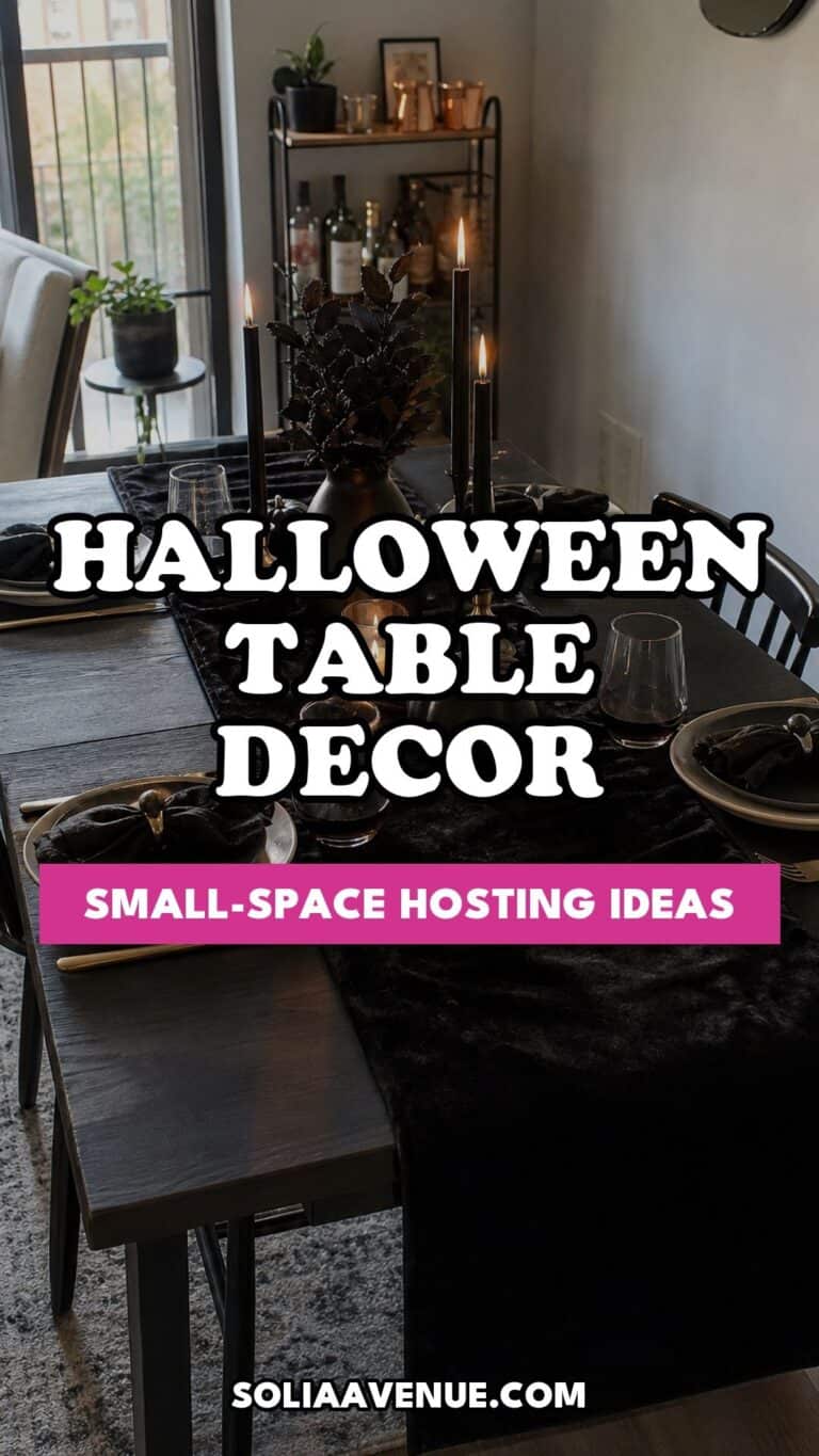 Pinterest pin for Top 18 Halloween Dining Table Decor Ideas for Small-Space Hosting from Solia Avenue.