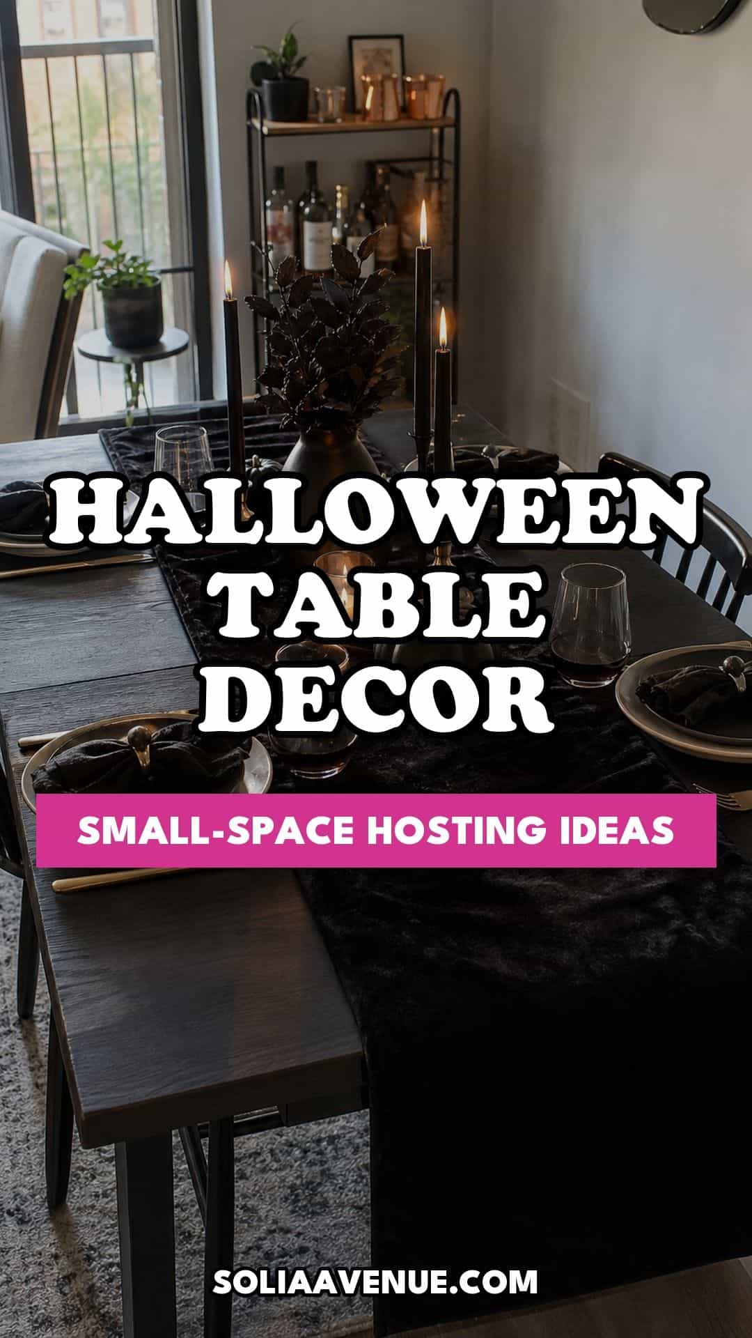 Pinterest pin for Top 18 Halloween Dining Table Decor Ideas for Small-Space Hosting from Solia Avenue.