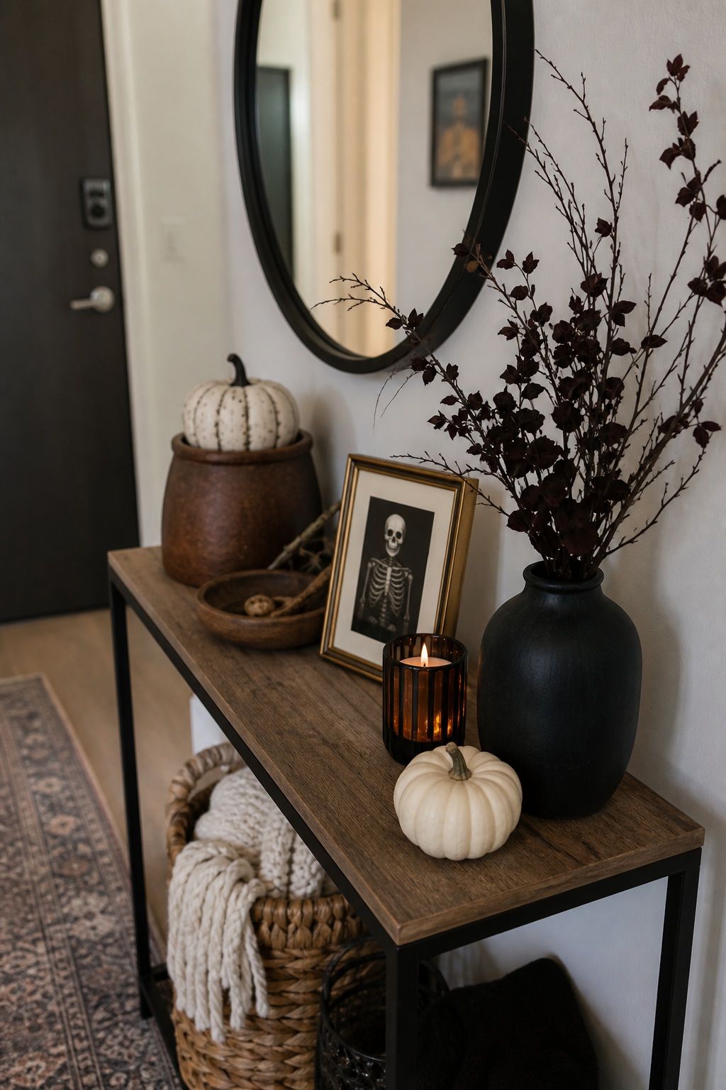 Build a Layered Vignette in Odd Numbers small apartment idea for Top 17 Halloween Entryway Decor Ideas for Apartments.